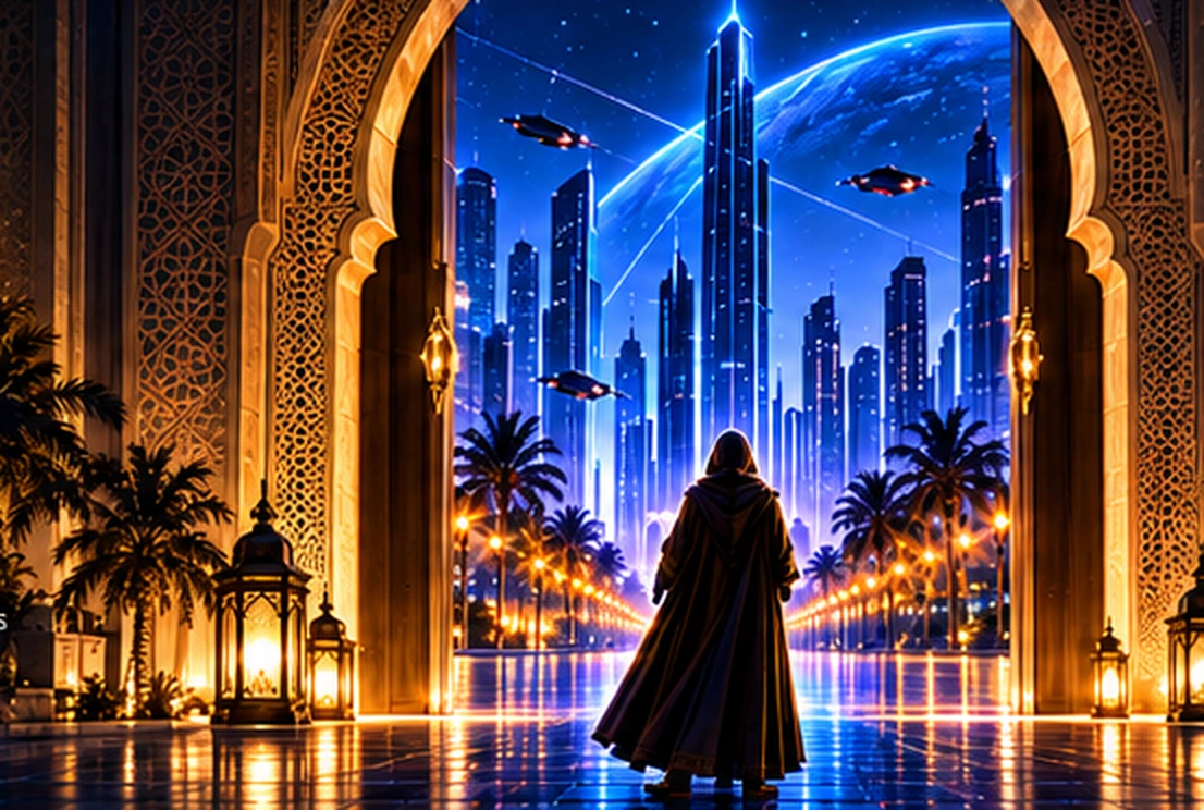 Arche marocaine illuminée ouvrant sur une cité futuriste bleue